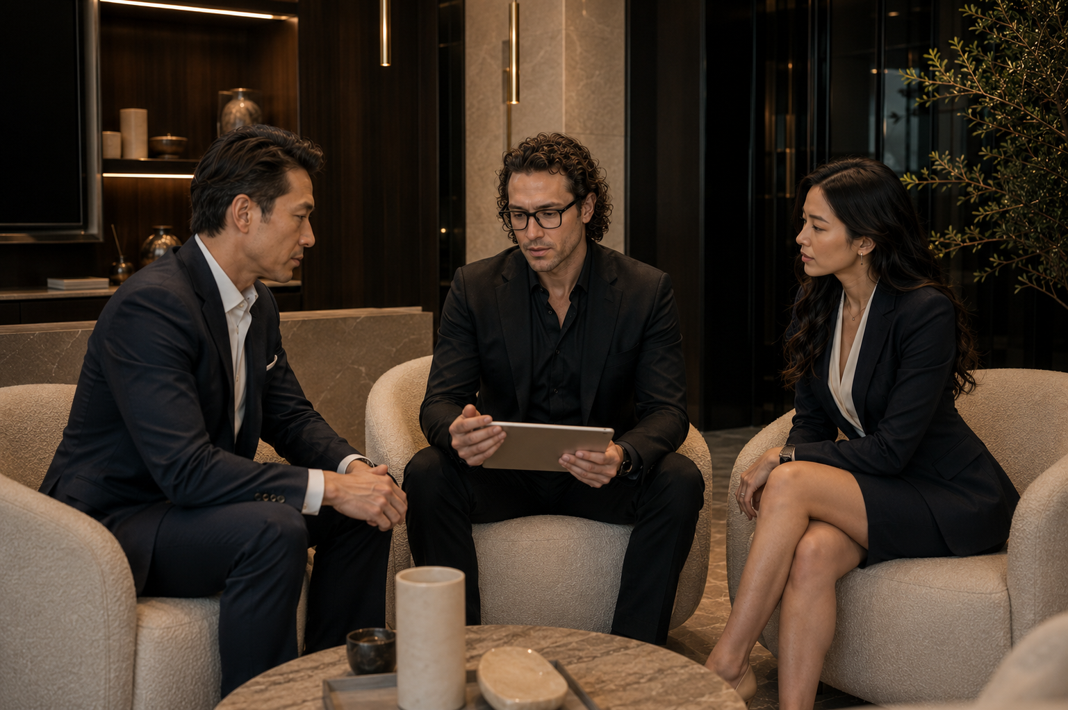 High-status advisory audit conversation with tablet in a premium office